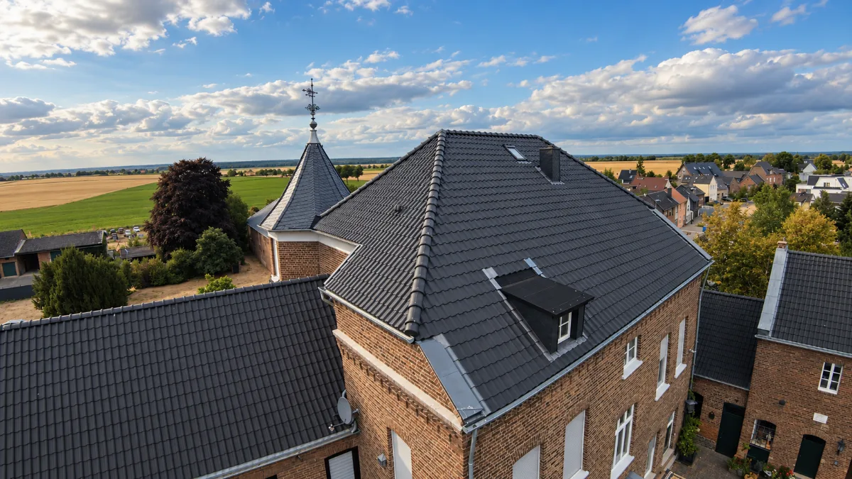 Luftaufnahme eines Backsteinhauses mit dunkel eingedecktem Walmdach, Gaube und Turm mit Wetterfahne, dahinter Felder und Ortschaft